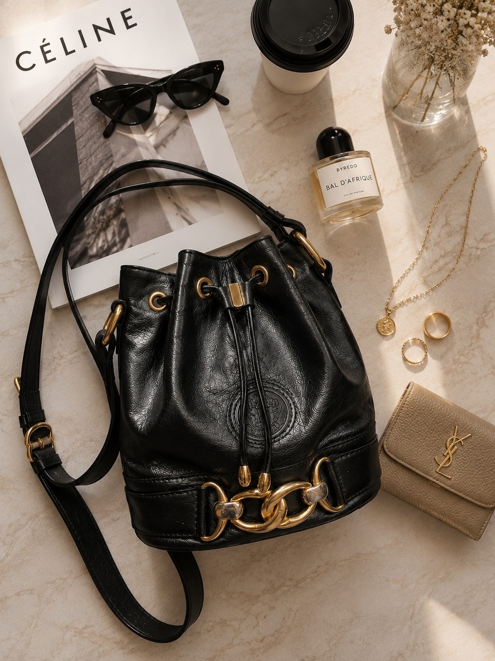 Luxury Black Leather Drawstring Bucket Bag with Gold Hardware